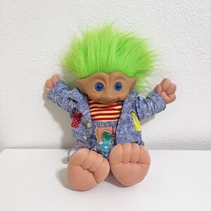 Vintage Ace Novelty Treasure Troll Tot Green Heart Wishstone Large Doll 14"